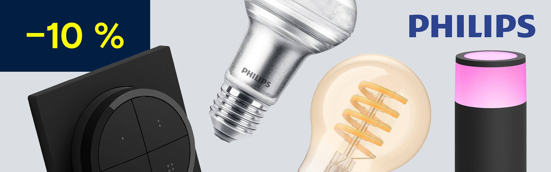Produits d’éclairage intelligents Philips, dont des ampoules LED et une lampe de table colorée, avec mention « -10 % ».