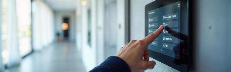Une personne utilise une tablette fixée au mur pour contrôler le bâtiment.