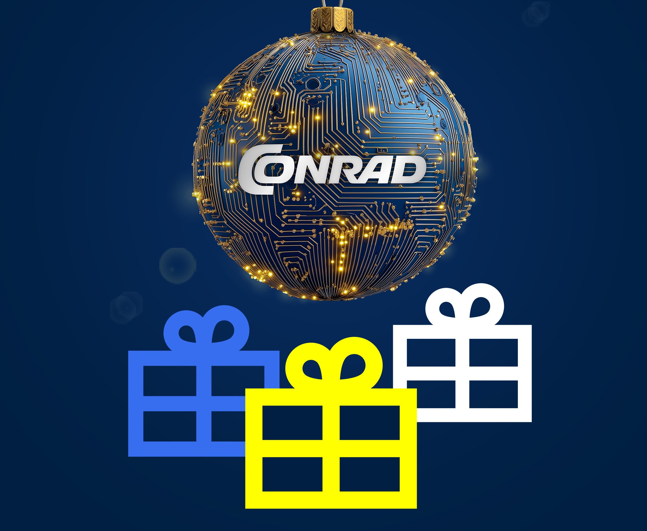 Une boule de Noël bleue avec un motif de circuit imprimé et des points lumineux est suspendue à gauche, accompagnée du texte « Idées cadeaux pour petits et grands » et de trois icônes de cadeaux en bleu, jaune et blanc.