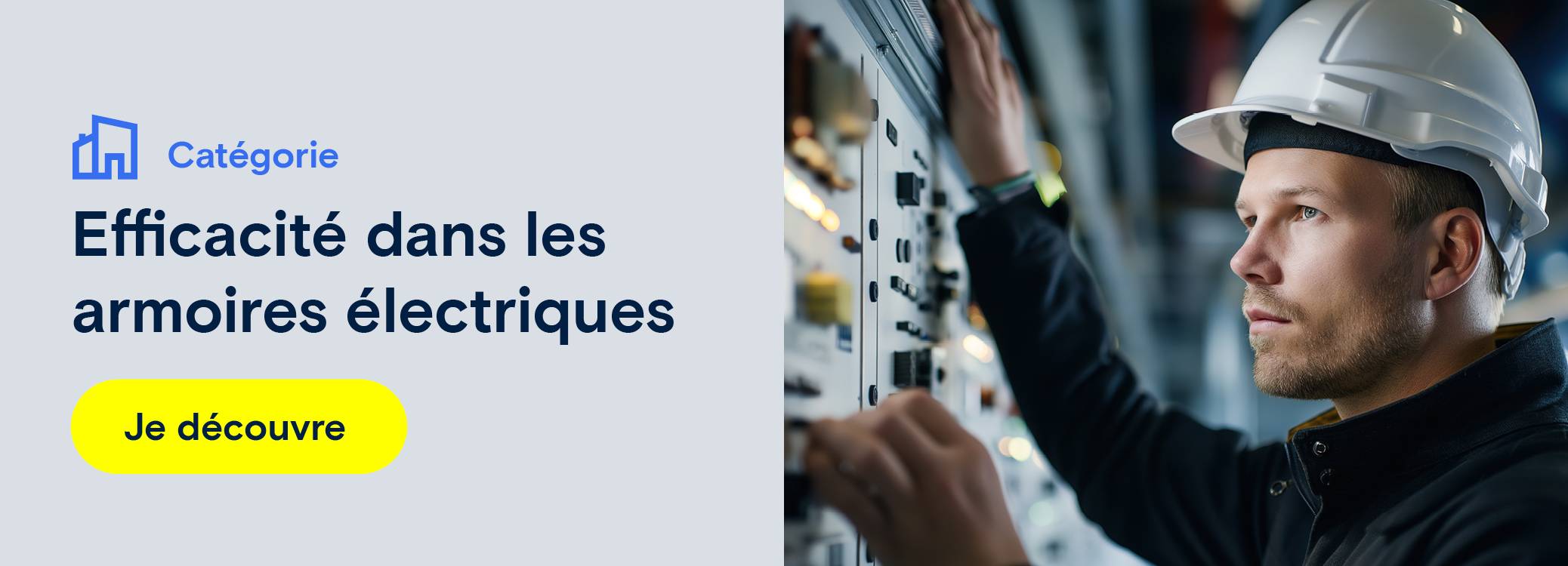 Sur l'image, on voit une publicité pour l'efficacité dans les armoires électriques. Redirection vers une page de catégorie de produits sur l'efficacité dans les armoires électriques.
