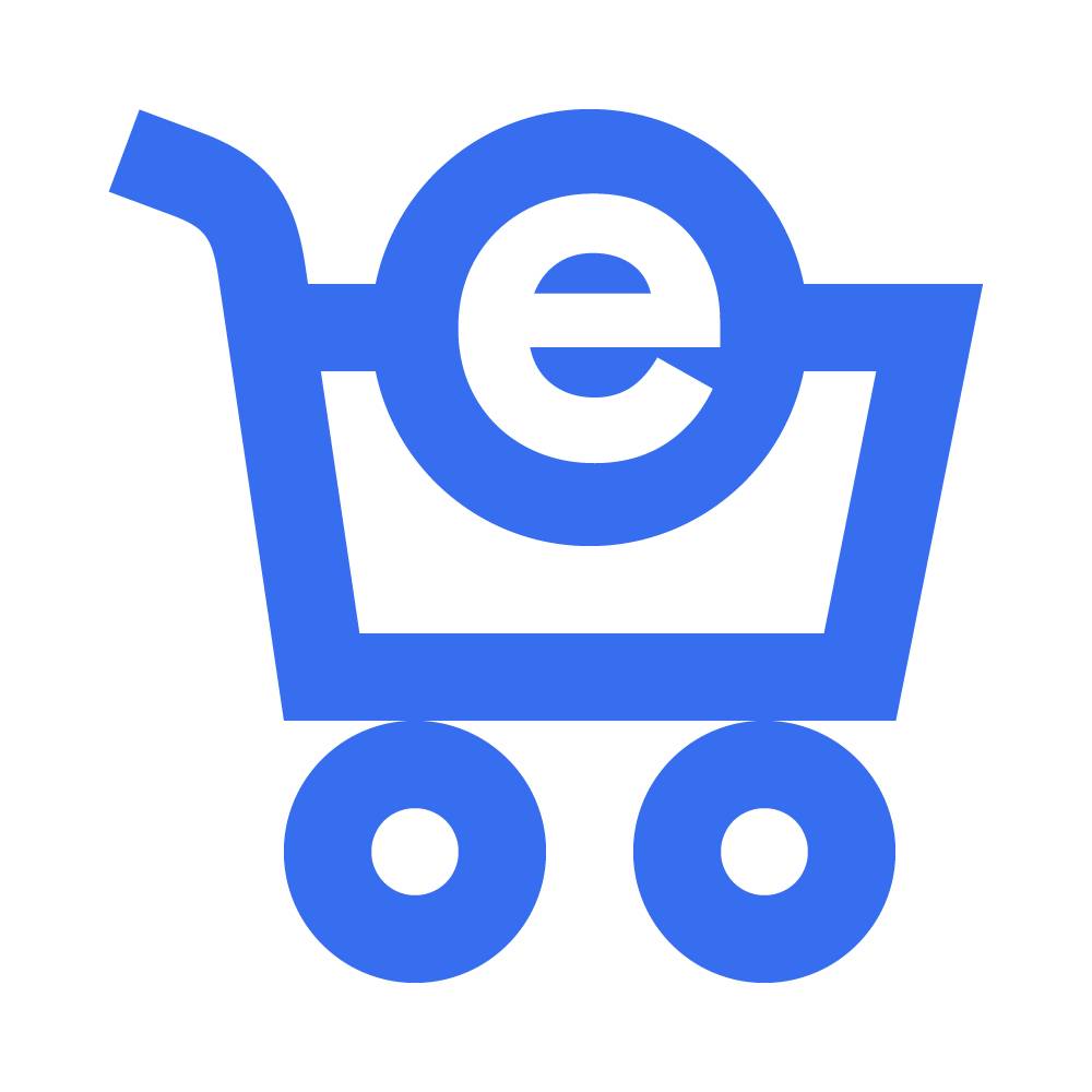 Un caddie bleu stylisé, avec un « e » minuscule blanc inscrit dans un cercle bleu dans le panier.