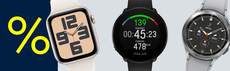 Trois montres connectées – un modèle Apple, une montre de sport Polar et une montre Samsung argentée – sont placées côte à côte sur un fond gris clair.