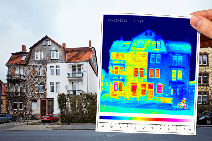 Une image thermique d'un immeuble collectif, superposée à la façade réelle, montre des différences de température nettes au niveau des fenêtres et de la toiture.