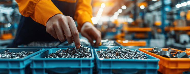 Gros plan d'un ouvrier du bâtiment vêtu d'une combinaison de sécurité orange triant de petites pièces dans des boîtes bleues.