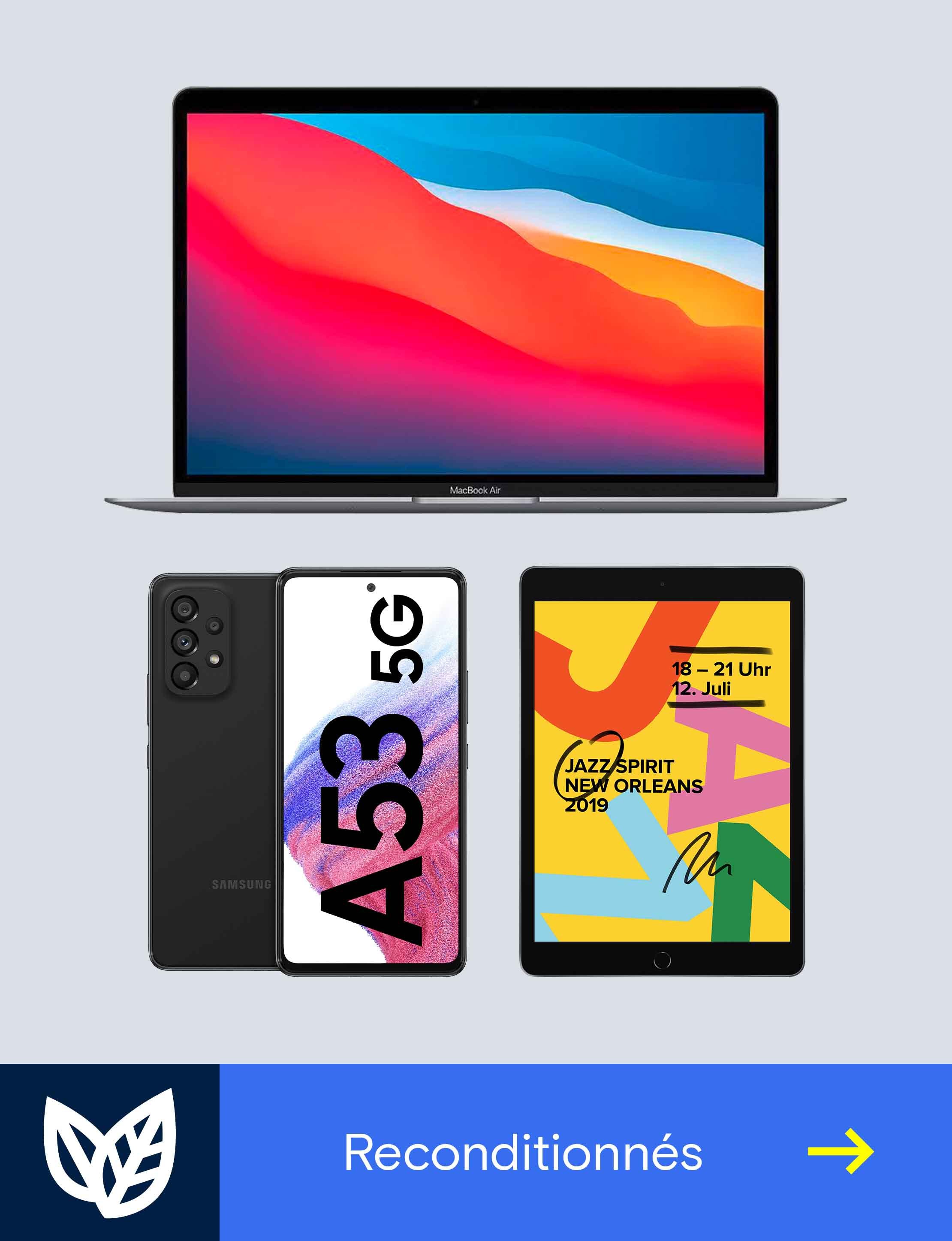 Collage de produits avec des iPhones, MacBooks et iPads reconditionnés, accompagnée d’une icône de feuille blanche symbolisant la durabilité.