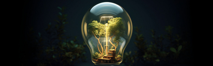 À l’intérieur d’une ampoule se trouve un paysage miniature composé d’arbres et d’une maison en bois.