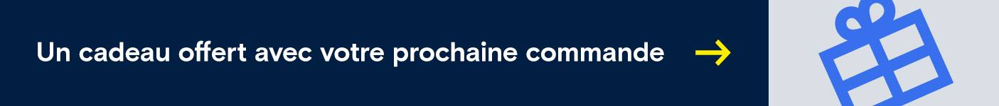 Bandeau horizontal bleu foncé avec du texte blanc indiquant 'Un cadeau offert avec votre prochaine commande' et une flèche jaune pointant vers la droite. À droite du texte, une icône de cadeau stylisée en bleu clair sur fond gris clair.