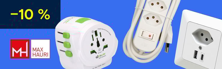 Plusieurs articles électriques de la marque Max Hauri, dont un adaptateur de voyage, une multiprise et une prise murale, avec une indication de réduction de 10 %.