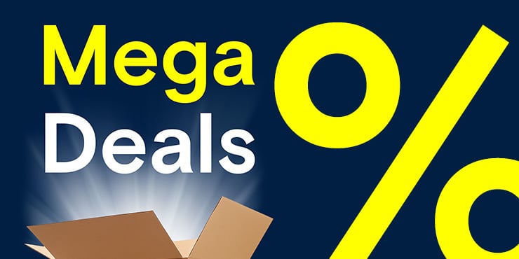 Illustration publicitaire comportant l'inscription « Mega Deals », un carton ouvert et un grand signe de pourcentage sur fond bleu.