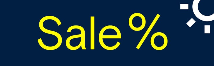 Motif bleu foncé avec la mention « Sale % » en gros caractères jaunes.