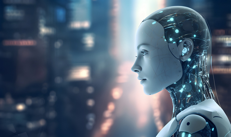 Gros plan d'un robot humanoïde en profil devant un paysage urbain éclairé.