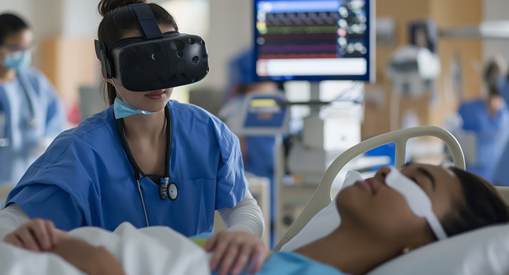 Photo : une étudiante dans un hôpital suit une formation sur un mannequin à l'aide de lunettes de réalité virtuelle