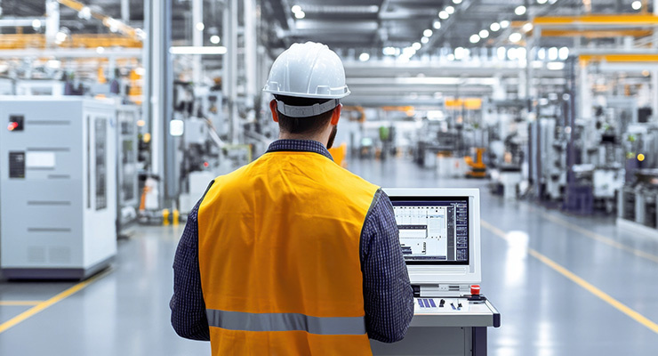 Ouvrier avec gilet de sécurité et casque opérant une console dans un hall de production automatisé.