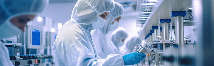 Plusieurs ouvrières travaillant sur un tapis roulant dans un environnement de production stérile, vêtues de combinaisons de protection jetables, de masques et de gants en latex bleus.