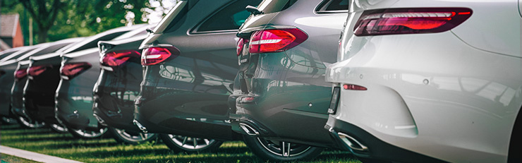 Plusieurs voitures sont alignées côte à côte sur une pelouse.