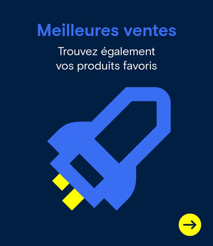 Illustration d'une fusée bleue stylisée sur fond bleu foncé avec le texte « Meilleurs ventes – Trouvez également vos produits favoris » et une flèche jaune en bas à droite.