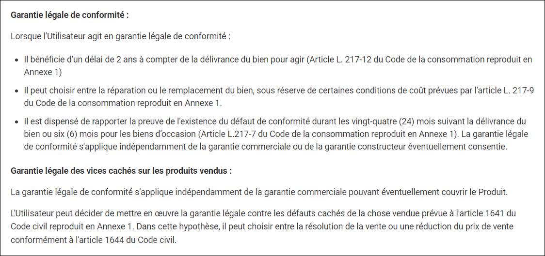 Garantie légale de conformité :