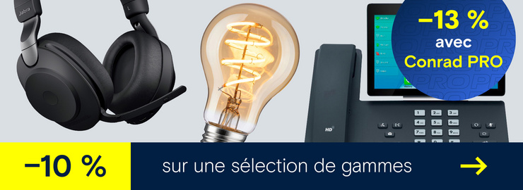 Bannière promotionnelle avec casque Jabra, ampoule et téléphone de bureau, offrant 10 % de remise sur une sélection d’assortiments et 13 % avec Conrad PRO.