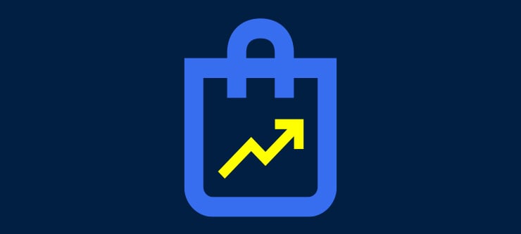 Icône bleue de sac de shopping avec un graphique en flèche jaune orienté vers le haut sur fond bleu foncé.