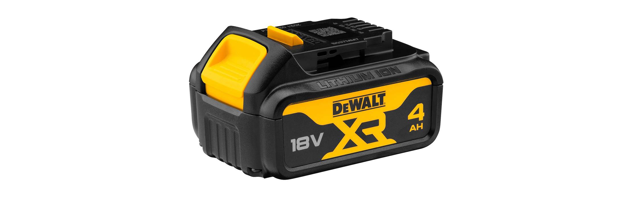 Batterie lithium-ion DeWalt 18 V XR d'une capacité de 4 Ah, couleur noir et jaune.