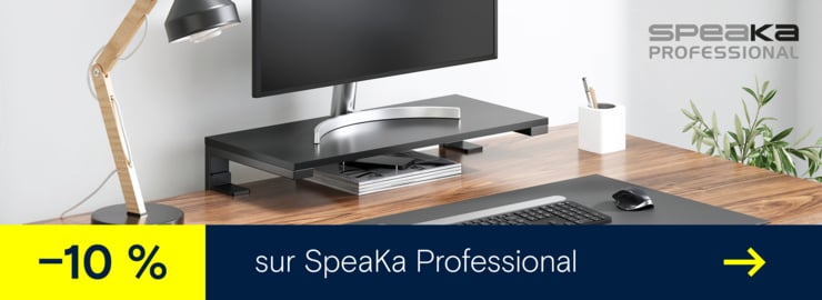 Bannière promotionnelle indiquant –10 % sur une sélection d’articles, avec un bureau moderne, un support écran, un moniteur, un clavier, une souris et une lampe de bureau.