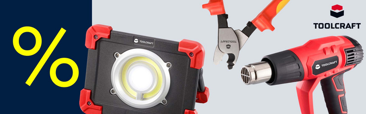 Visuel promotionnel présentant une lampe de travail, une pince et un pistolet à air chaud Toolcraft avec un symbole de réduction, pour des outils et accessoires d’atelier à prix réduit.
