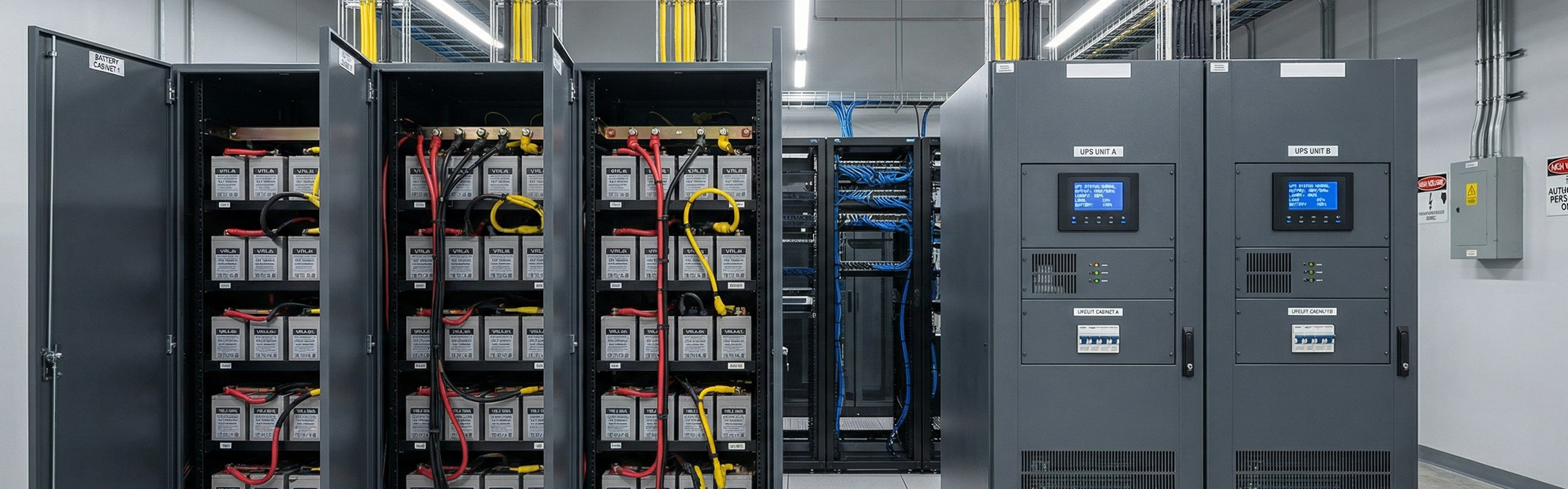 Système d'alimentation sans coupure (UPS) avec armoires de batteries et composants réseau dans un local technique