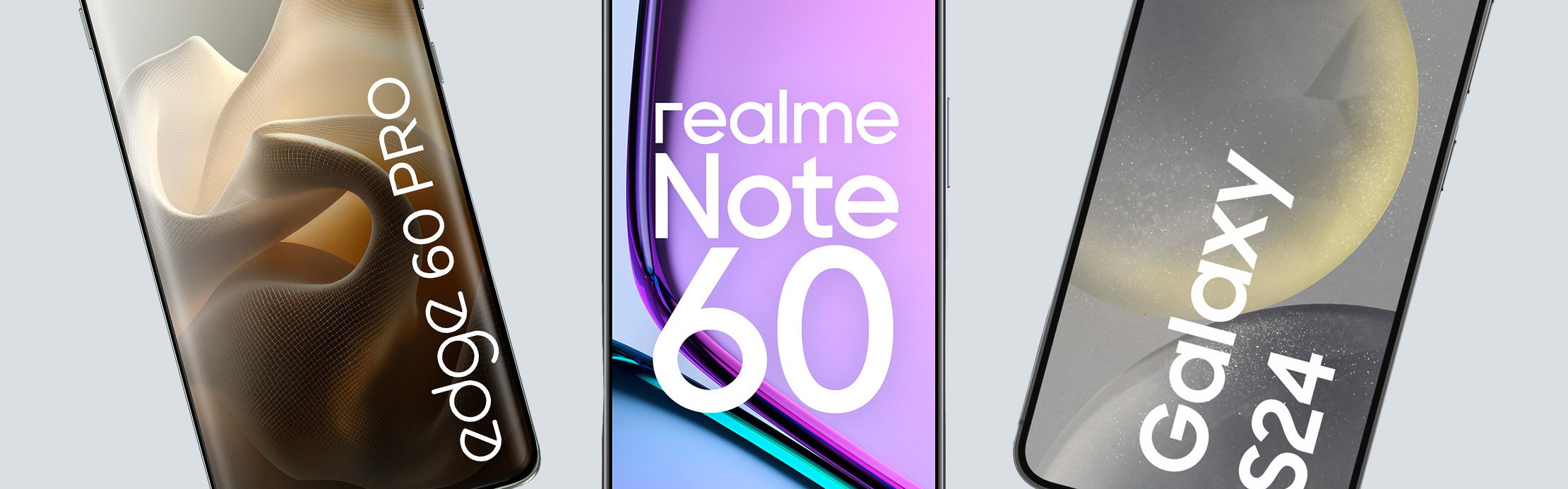 Trois smartphones – Edge 60 Pro, Realme Note 60 et Galaxy S24 – sont placés côte à côte sur un fond gris clair.