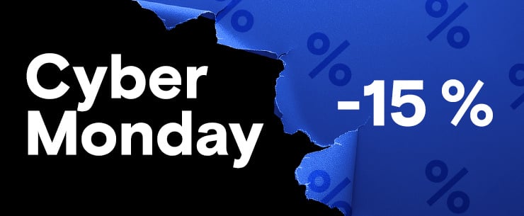 Graphique avec un fond bleu déchiré et le texte blanc "Cyber Monday -15 %".