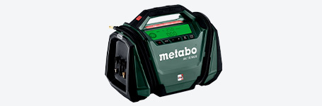 Radio sans fil Metabo avec écran et poignée de transport, sur fond clair.