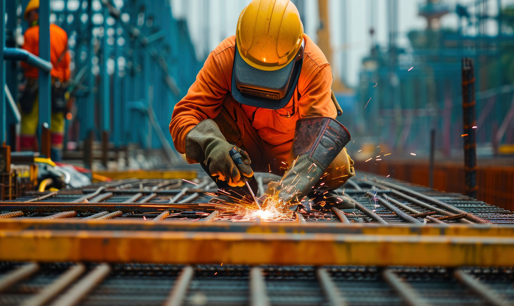 Ouvriers équipés d'équipements de protection intelligents sur un chantier de soudage de poutres en acier