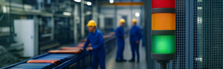 Trois ouvriers du bâtiment en bleu de travail et portant des casques jaunes dans une usine. A droite, un feu tricolore vert-jaune-rouge avec le feu vert allumé. 