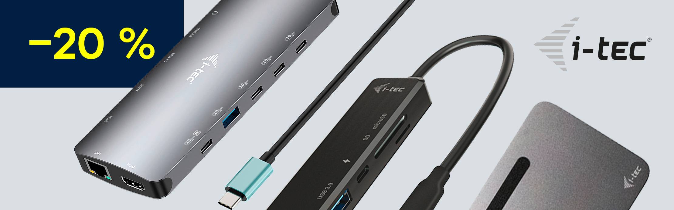 Bannière publicitaire présentant des stations d’accueil USB-C i-tec en gris et noir, avec une indication « –20 % » sur fond bleu foncé à gauche et le logo i-tec à droite.