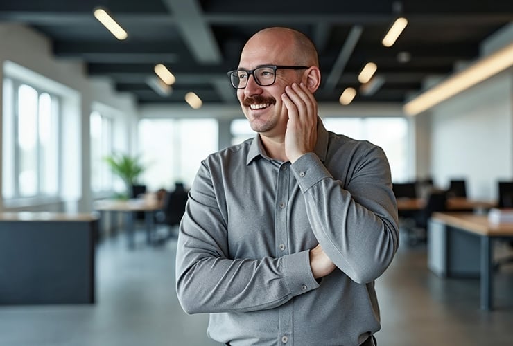 Un homme avec des lunettes et une chemise grise sourit dans un bureau moderne.