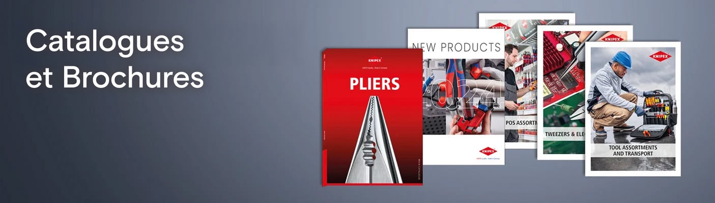 Une série d'outils Knipex, avec une mise au point nette sur l'outil au premier plan. Le texte indique : « Qualité Knipex – Fabriqué en Allemagne ».