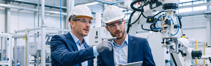 Deux hommes portant un casque et des lunettes de protection dans un environnement de production robotisé.