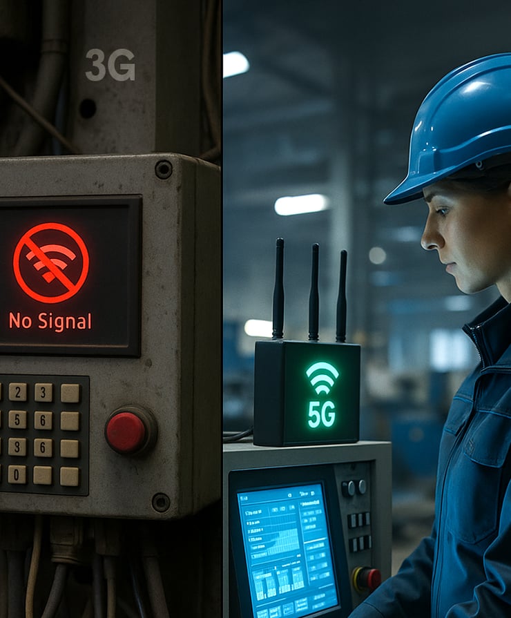 Un appareil 3G dans une salle de serveurs affiche un symbole rouge "No Signal“ (aucun signal)