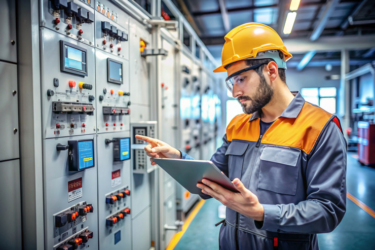 Un technicien portant un casque de protection vérifie les installations électriques d'un bâtiment
