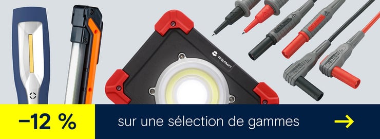 Bannière promotionnelle indiquant « –12 % sur des assortiments sélectionnés » sur fond bleu avec lampes de travail et cordons de mesure illustrés à droite.