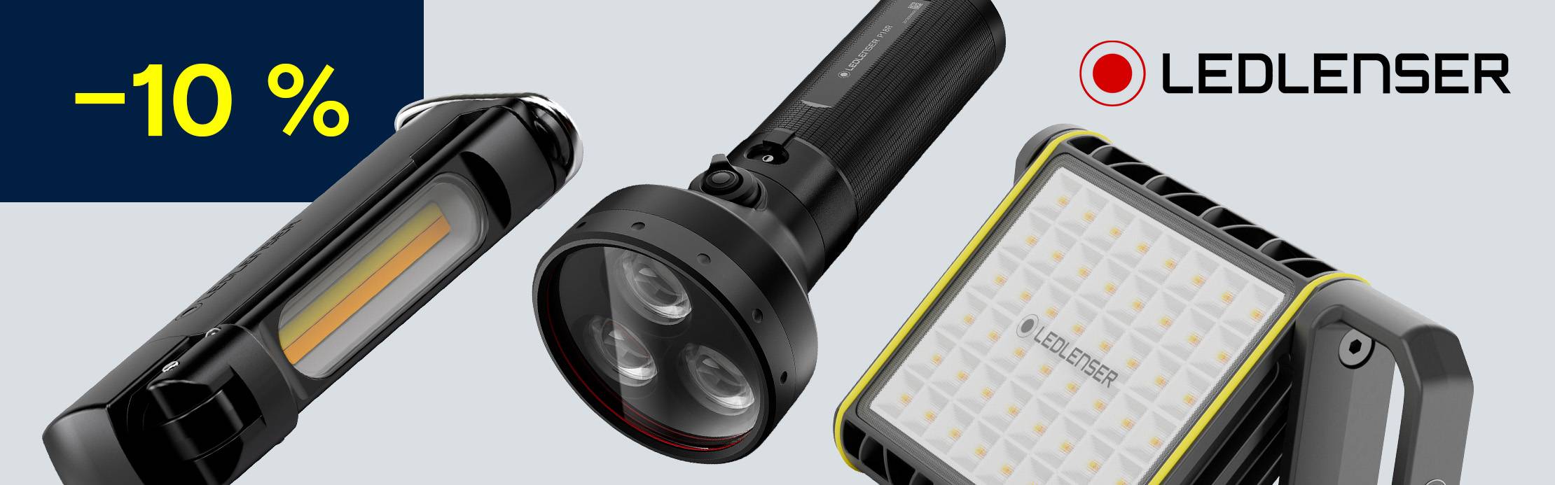 Trois lampes LED noires Ledlenser (lampe de poche, lampe de travail et projecteur) avec modules lumineux mis en évidence et mention « -10 % ».