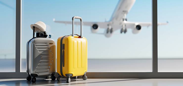 Deux valises sont posées devant une fenêtre d’aéroport pendant qu’un avion décolle en arrière-plan.