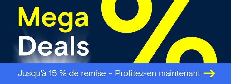 Bannière promotionnelle « Mega Deals » avec un grand symbole de pourcentage indiquant jusqu’à 15 % de remise.