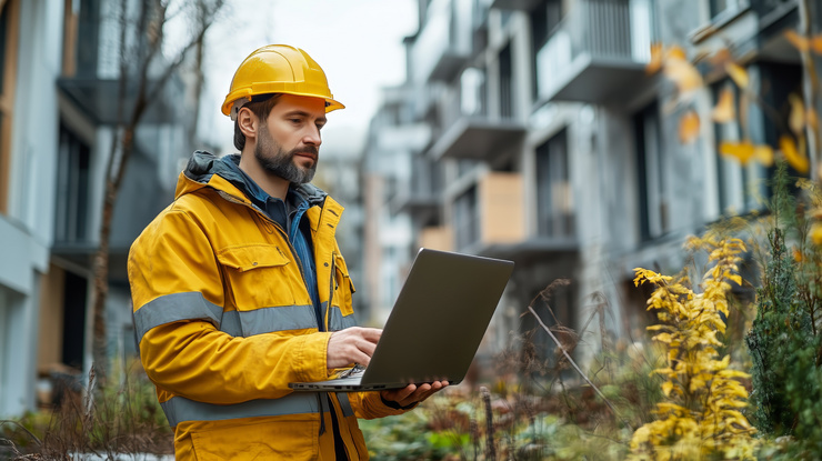 Un chef de chantier vêtu d'une veste de sécurité jaune et d'un casque vérifie les données de surveillance mobile du chantier sur un ordinateur portable.