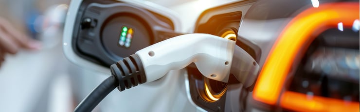 Détail d’une voiture électrique blanche avec câble de recharge branché dans la prise ouverte, tandis que le feu arrière LED orange est allumé.