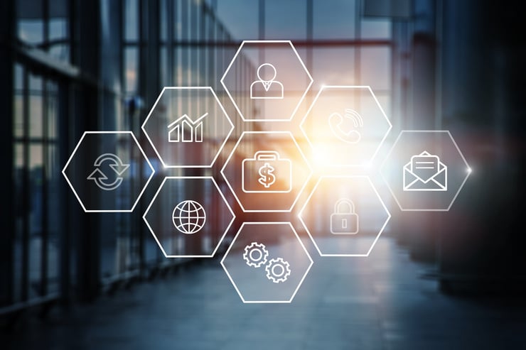 Illustration d'icônes connectés représentant des processus commerciaux et la communication dans un environnement de bureau moderne.