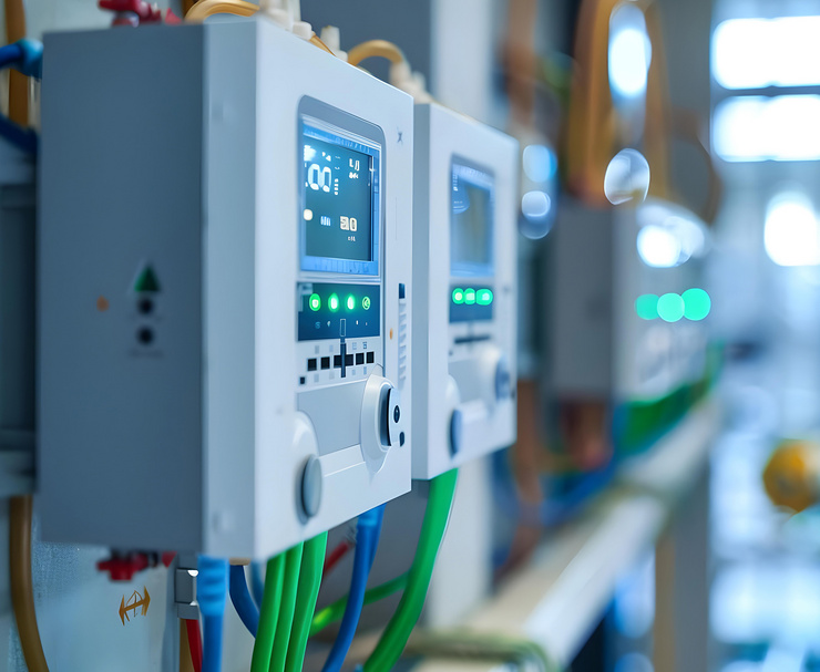 Gros plan sur un capteur intégré à un réseau de système de gestion de l'énergie, qui collecte des données sur la consommation d'énergie. Concept : systèmes de gestion de l'énergie, technologie des capteurs, collecte de données, consommation d'énergie, surveillance du réseau.