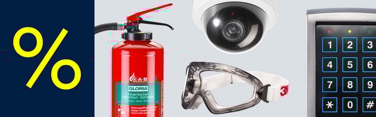 Bannière publicitaire avec un grand symbole de pourcentage et quatre produits de la catégorie sécurité