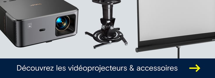Visuel promotionnel avec vidéoprojecteur, support plafond et écran de projection accompagné du texte « Découvrez les vidéoprojecteurs & accessoires ».