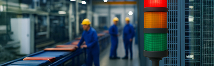 Trois ouvriers du bâtiment en bleu de travail et portant des casques jaunes dans une usine. A droite, un feu tricolore vert-jaune-rouge avec le feu rouge allumé.