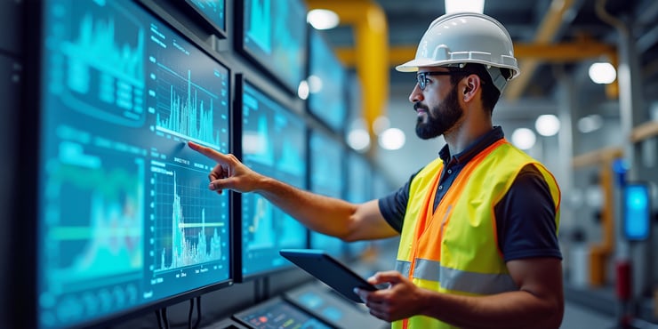 Un ingénieur civil portant un casque de protection et un gilet de sécurité analyse des données sur de grands écrans.